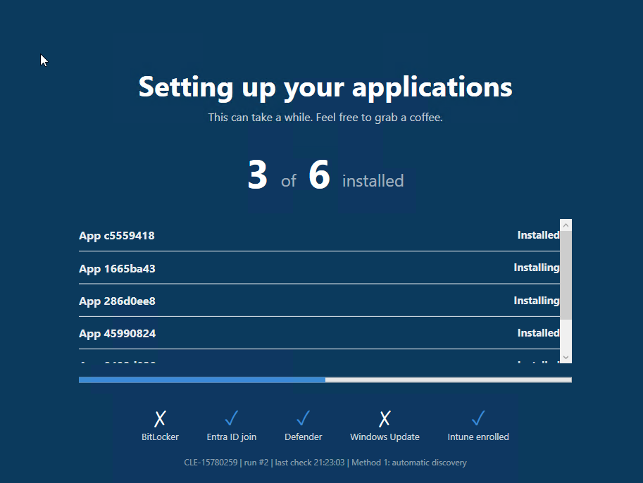 The provisioning screen partway through a run - three apps done, three still going, compliance checks ticking off alongside them